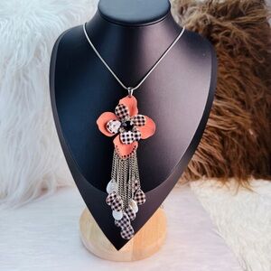 Vintage Floral Pendant plaid fringe dangle accent long Silver Chain Necklace